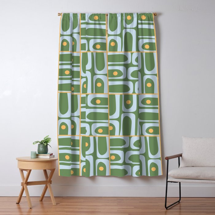Mid Century Modern Piquet Abstract Multi Pattern in Green Light Blue Yellow-Orange Window Curtain Gallery Image 5