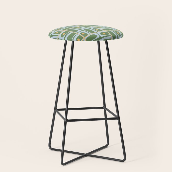 Mid Century Modern Piquet Abstract Multi Pattern in Green Light Blue Yellow-Orange Stool Gallery Image 1
