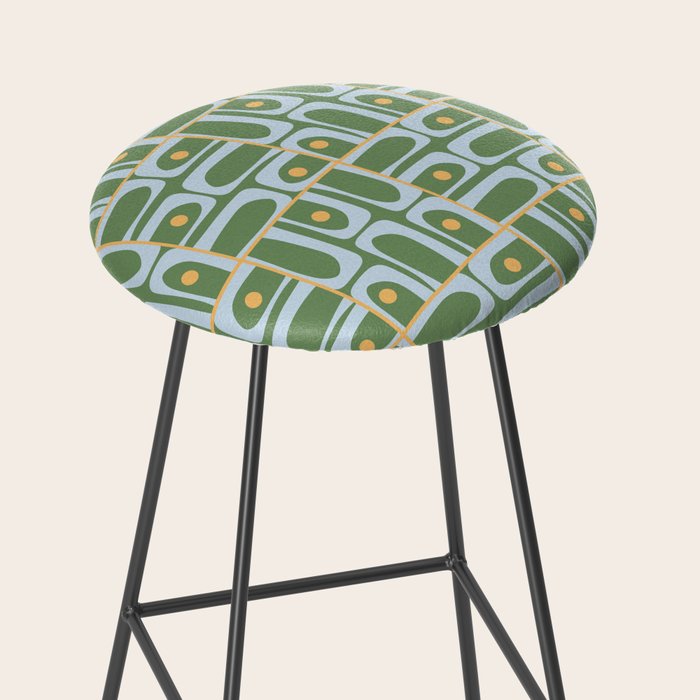 Mid Century Modern Piquet Abstract Multi Pattern in Green Light Blue Yellow-Orange Stool Gallery Image 2