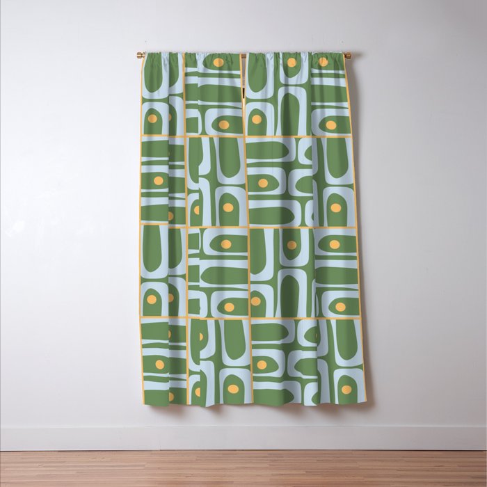 Mid Century Modern Piquet Abstract Multi Pattern in Green Light Blue Yellow-Orange Window Curtain Gallery Image 3