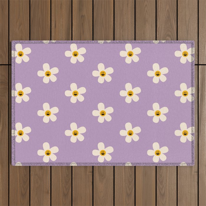 Retro Happy Daisy Flower in Purple Outdoor Rug Gallery Image 1
