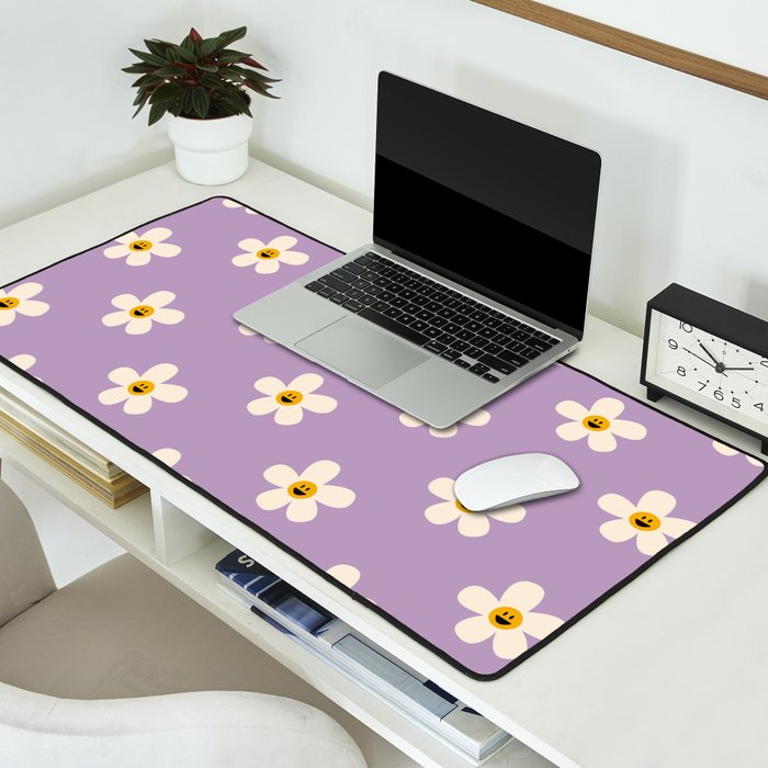 Retro Happy Daisy Flower in Purple Desk Mat Gallery Image 2