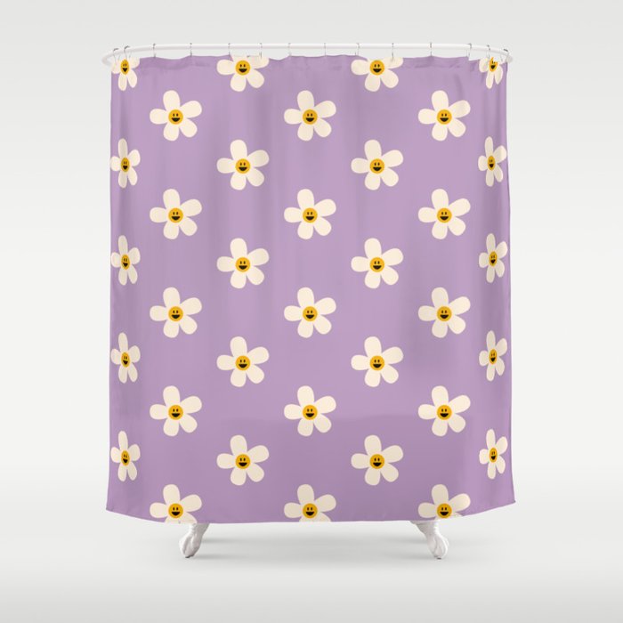 Retro Happy Daisy Flower in Purple Shower Curtain Gallery Image 1
