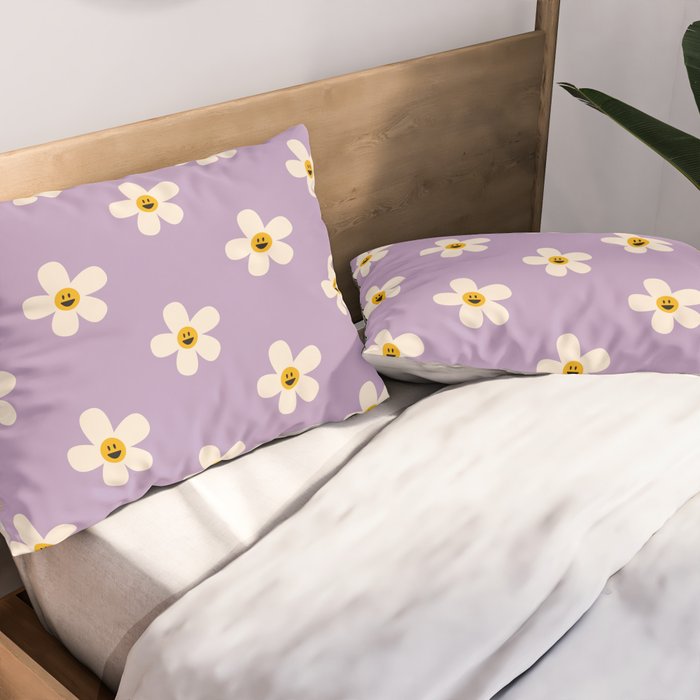 Retro Happy Daisy Flower in Purple Pillow Sham Gallery Image 2