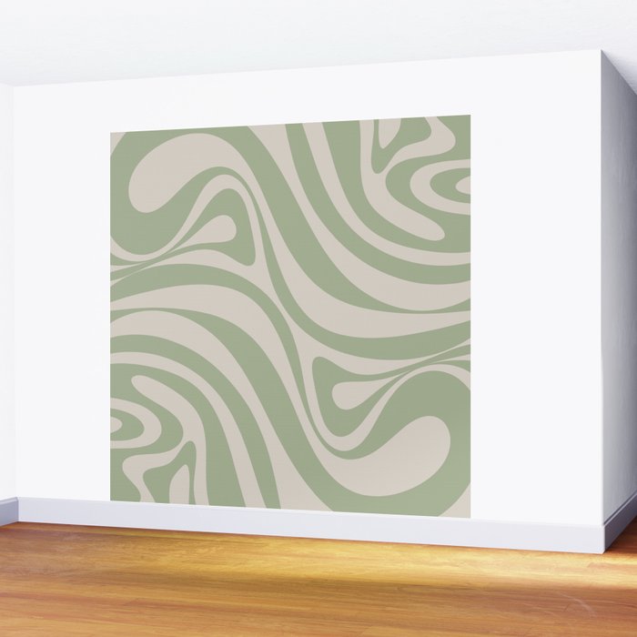 New Groove Retro Swirl Abstract Pattern in Sage and Beige Wall Mural Gallery Image 2