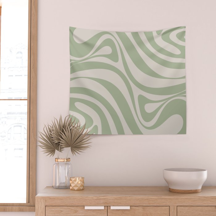 New Groove Retro Swirl Abstract Pattern in Sage and Beige Wall Tapestry Gallery Image 2