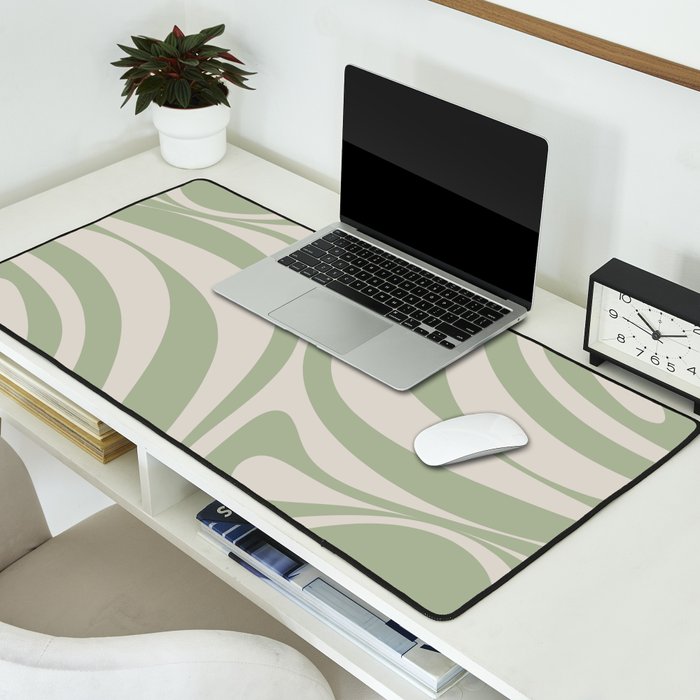 New Groove Retro Swirl Abstract Pattern in Sage and Beige Desk Mat Gallery Image 2