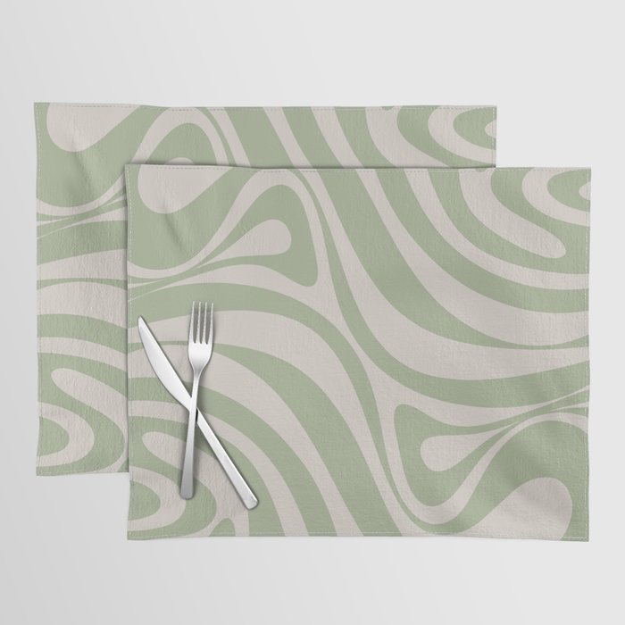 New Groove Retro Swirl Abstract Pattern in Sage and Beige Placemat Gallery Image 1