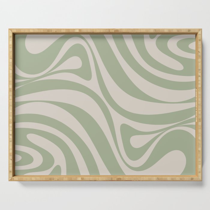 New Groove Retro Swirl Abstract Pattern in Sage and Beige Serving Tray Gallery Image 1