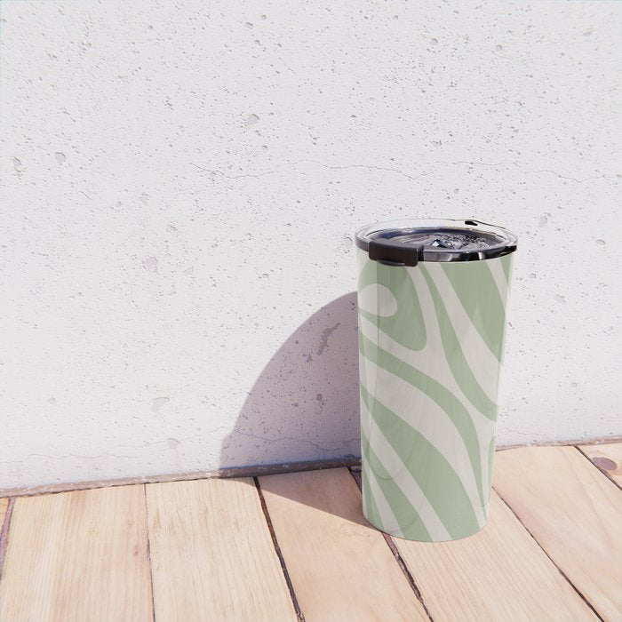 New Groove Retro Swirl Abstract Pattern in Sage and Beige Travel Mug Gallery Image 4
