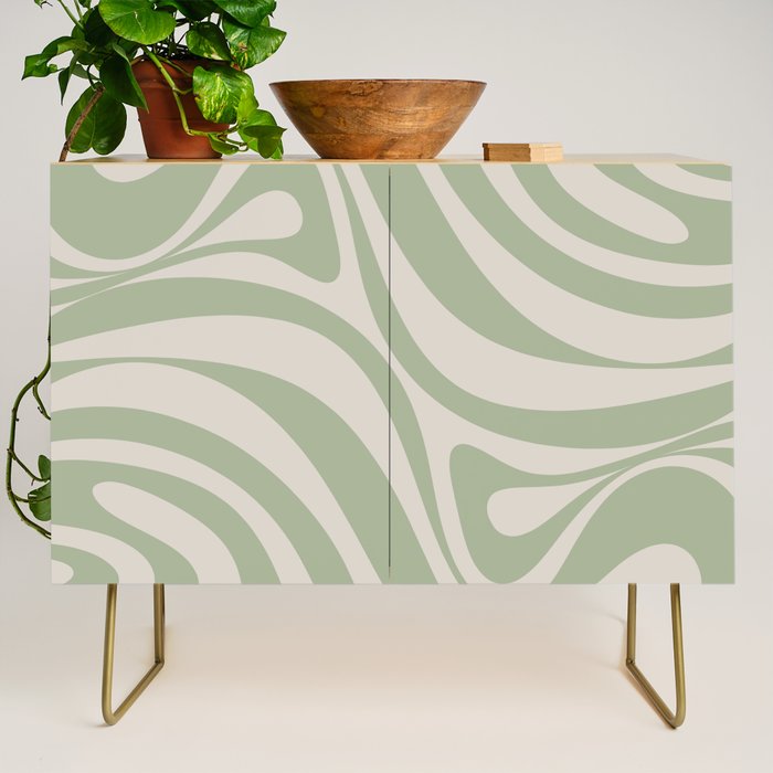New Groove Retro Swirl Abstract Pattern in Sage and Beige Credenza Gallery Image 1