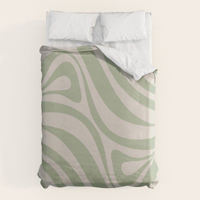New Groove Retro Swirl Abstract Pattern in Sage and Beige Duvet Cover Gallery Image 6