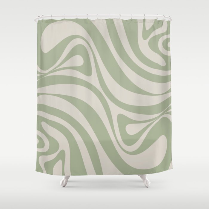 New Groove Retro Swirl Abstract Pattern in Sage and Beige Shower Curtain Gallery Image 1