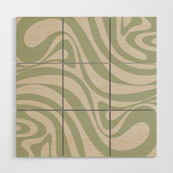 New Groove Retro Swirl Abstract Pattern in Sage and Beige Wood Wall Art Gallery Image 1