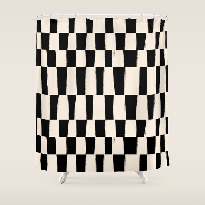 Wave Checks: Noir Black Handpainted Pattern Shower Curtain Gallery Image 1