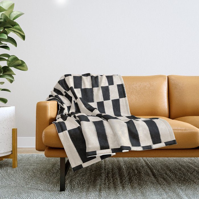 Wave Checks: Noir Black Handpainted Pattern Throw Blanket Gallery Image 1