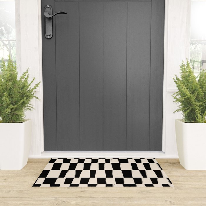 Wave Checks: Noir Black Handpainted Pattern Welcome Mat Gallery Image 3