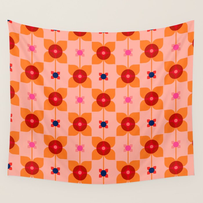 Mid Century Retro Floral Geometric Pattern Wall Tapestry Gallery Image 1