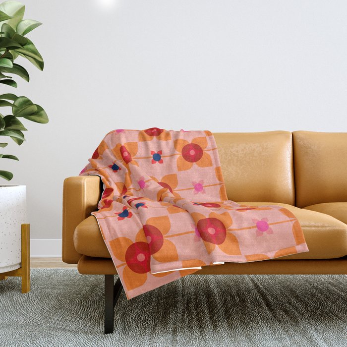Mid Century Retro Floral Geometric Pattern Throw Blanket Gallery Image 1