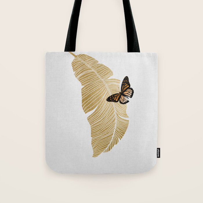 Butterfly & Palm Leaf, Gold Wall Art Tote Bag Gallery Image 1