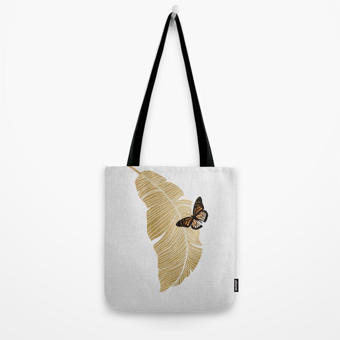 Butterfly & Palm Leaf, Gold Wall Art Tote Bag Gallery Image 2