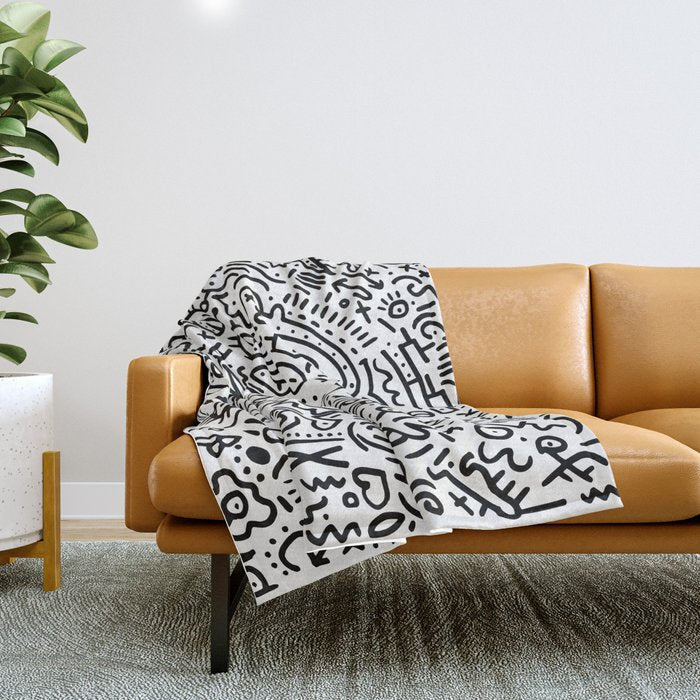 Graffiti sketch black and white drawing doodle pop art  Throw Blanket Gallery Image 1