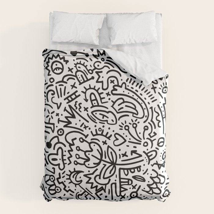 Graffiti sketch black and white drawing doodle pop art  Duvet Cover Gallery Image 6