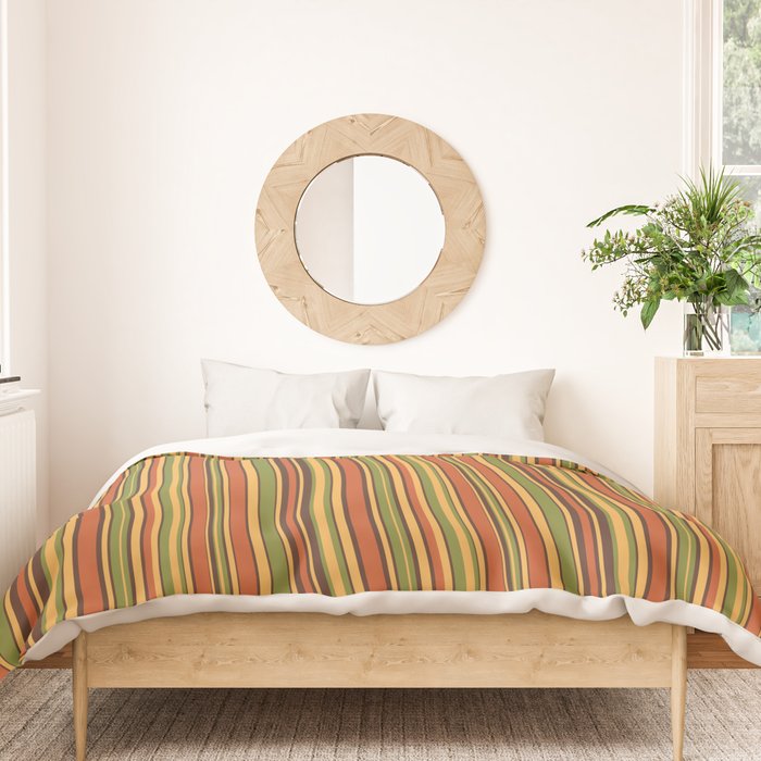 Retro 50s 60s 70s Stripes Narrow Vertical Brown Orange Avocado Green Pattern Duvet Cover Gallery Image 3