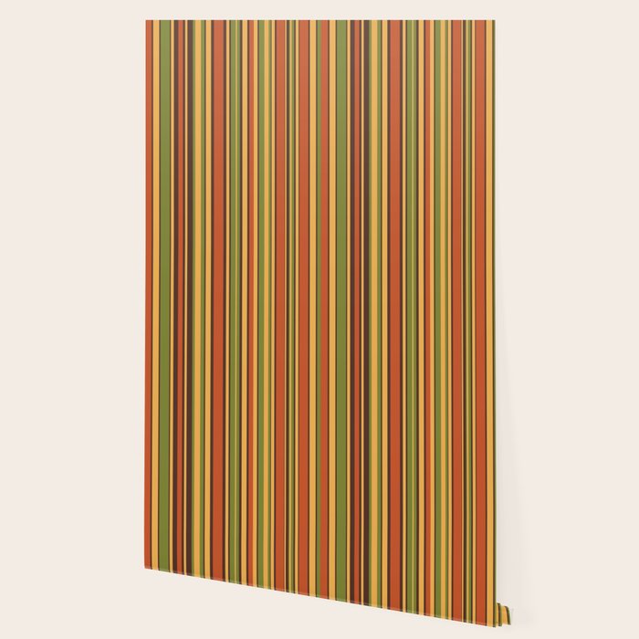 Retro 50s 60s 70s Stripes Narrow Vertical Brown Orange Avocado Green Pattern Wallpaper Gallery Image 2