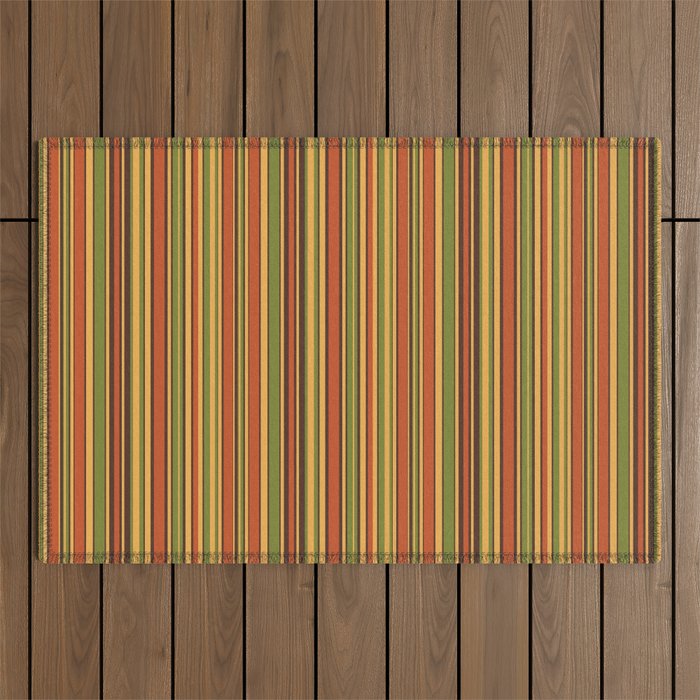 Retro 50s 60s 70s Stripes Narrow Vertical Brown Orange Avocado Green Pattern Outdoor Rug Gallery Image 1