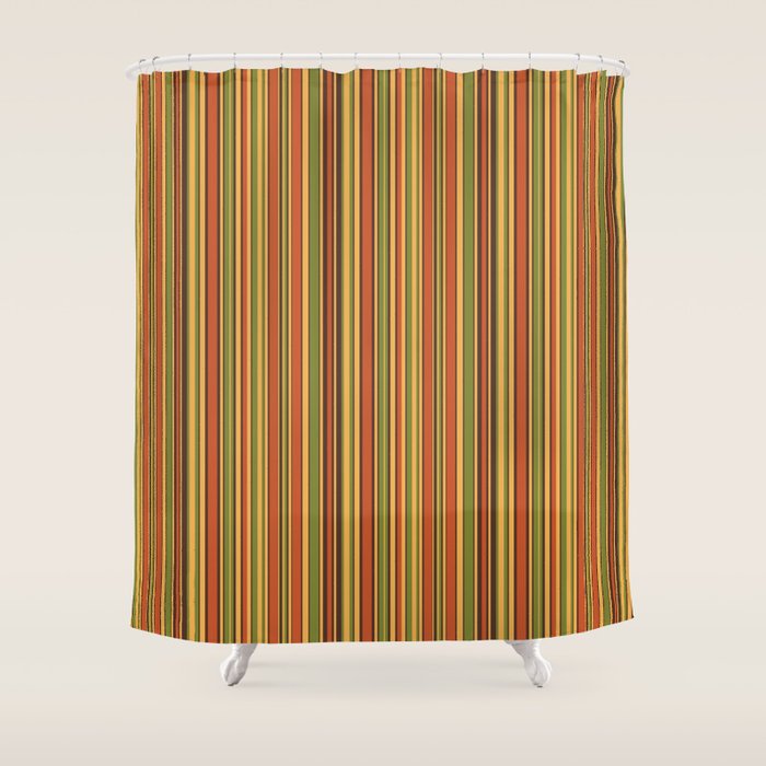 Retro 50s 60s 70s Stripes Narrow Vertical Brown Orange Avocado Green Pattern Shower Curtain Gallery Image 1