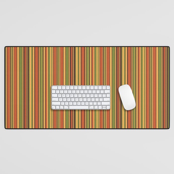 Retro 50s 60s 70s Stripes Narrow Vertical Brown Orange Avocado Green Pattern Desk Mat Gallery Image 1