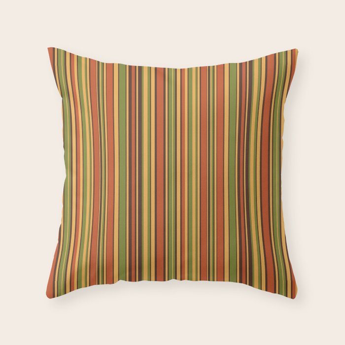 Retro 50s 60s 70s Stripes Narrow Vertical Brown Orange Avocado Green Pattern Throw Pillow Gallery Image 1