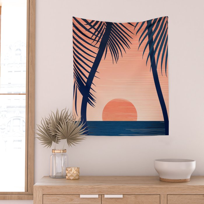 Sunset Palms - Peach Navy Palette Wall Tapestry Gallery Image 2