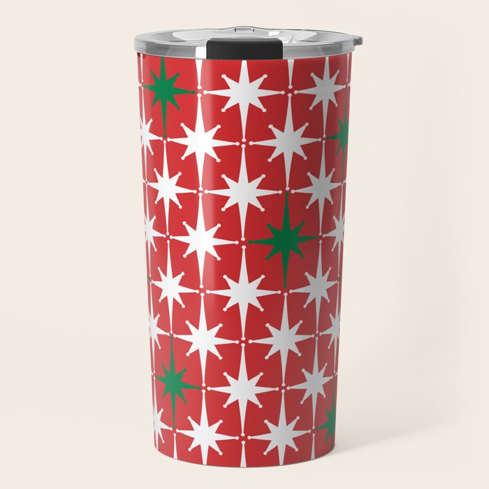 Atomic Age 1950s Retro Vintage Mid-Century Starbursts Pattern in Christmas Green Red White Travel Mug Gallery Image 1