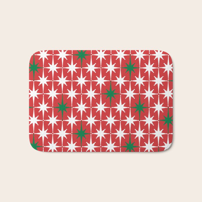 Atomic Age 1950s Retro Vintage Mid-Century Starbursts Pattern in Christmas Green Red White Bath Mat Gallery Image 1