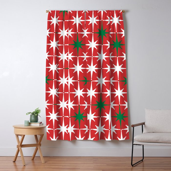 Atomic Age 1950s Retro Vintage Mid-Century Starbursts Pattern in Christmas Green Red White Window Curtain Gallery Image 5