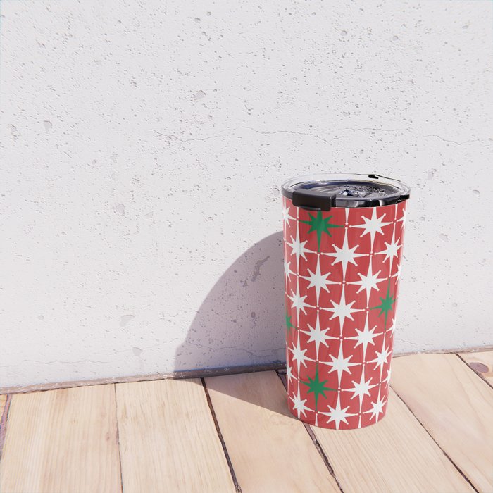 Atomic Age 1950s Retro Vintage Mid-Century Starbursts Pattern in Christmas Green Red White Travel Mug Gallery Image 4