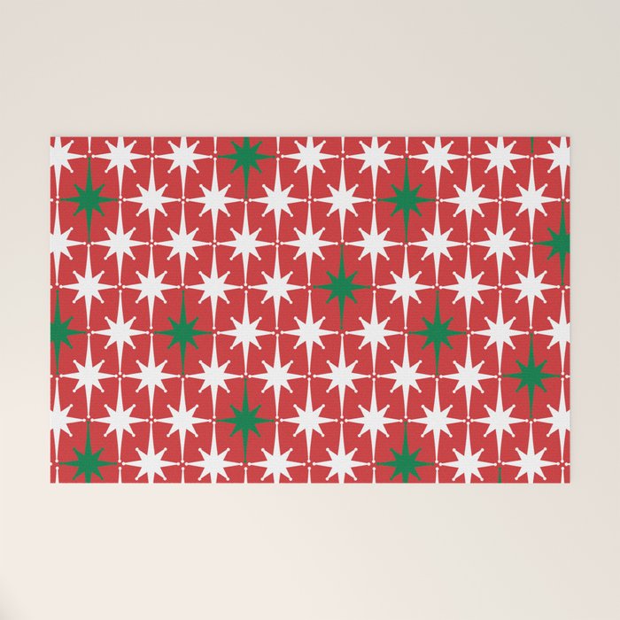 Atomic Age 1950s Retro Vintage Mid-Century Starbursts Pattern in Christmas Green Red White Welcome Mat Gallery Image 1