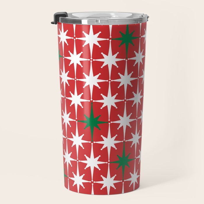 Atomic Age 1950s Retro Vintage Mid-Century Starbursts Pattern in Christmas Green Red White Travel Mug Gallery Image 3