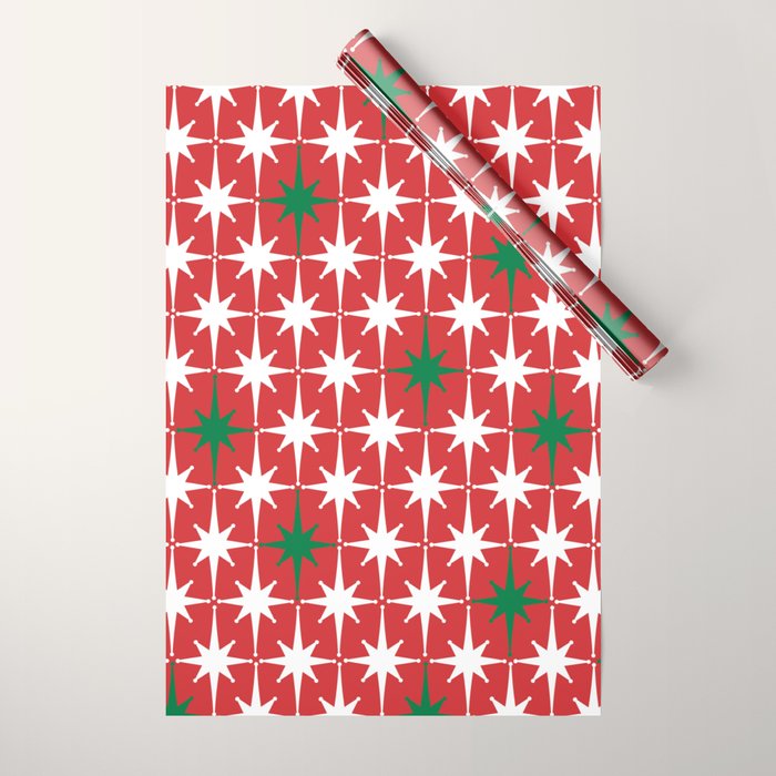 Atomic Age 1950s Retro Vintage Mid-Century Starbursts Pattern in Christmas Green Red White Wrapping Paper Gallery Image 1