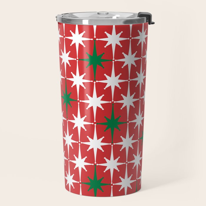 Atomic Age 1950s Retro Vintage Mid-Century Starbursts Pattern in Christmas Green Red White Travel Mug Gallery Image 2