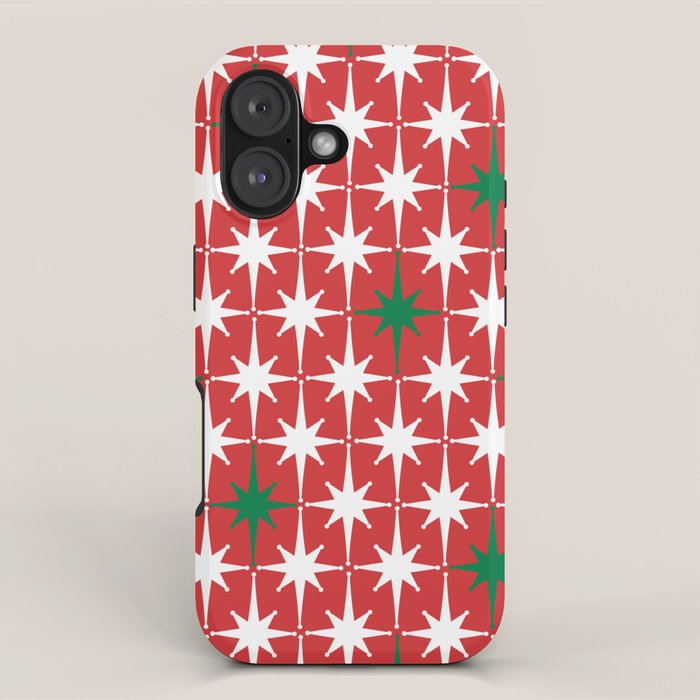 Atomic Age 1950s Retro Vintage Mid-Century Starbursts Pattern in Christmas Green Red White iPhone Case Gallery Image 1