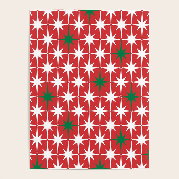 Atomic Age 1950s Retro Vintage Mid-Century Starbursts Pattern in Christmas Green Red White Poster Gallery Image 4