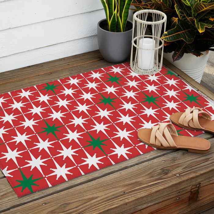 Atomic Age 1950s Retro Vintage Mid-Century Starbursts Pattern in Christmas Green Red White Outdoor Rug Gallery Image 2