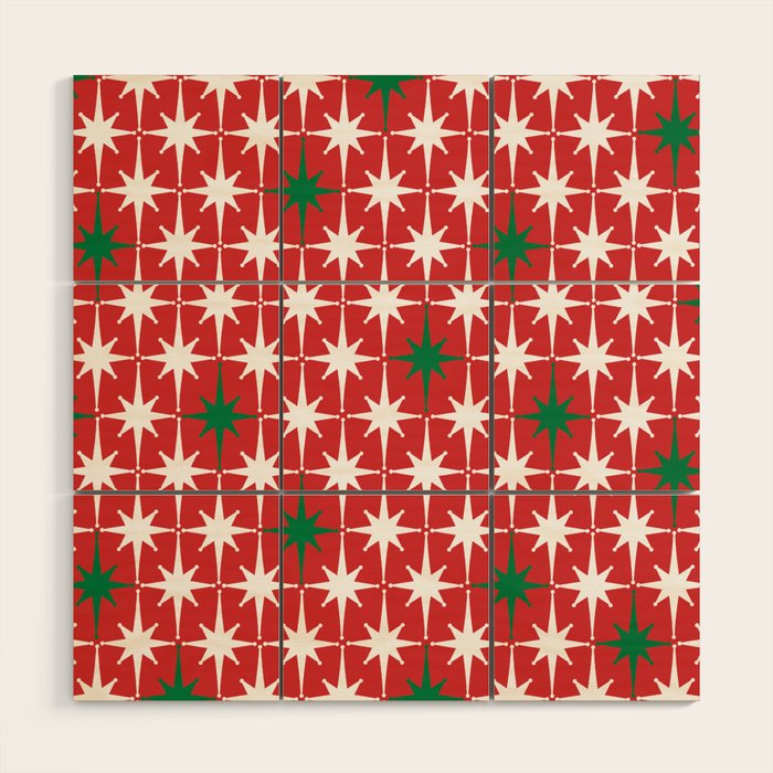 Atomic Age 1950s Retro Vintage Mid-Century Starbursts Pattern in Christmas Green Red White Wood Wall Art Gallery Image 1