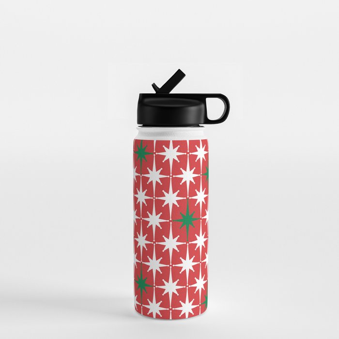 Atomic Age 1950s Retro Vintage Mid-Century Starbursts Pattern in Christmas Green Red White Water Bottle Gallery Image 1