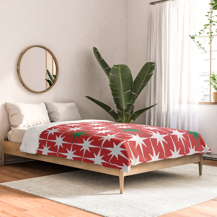 Atomic Age 1950s Retro Vintage Mid-Century Starbursts Pattern in Christmas Green Red White Comforter Gallery Image 2