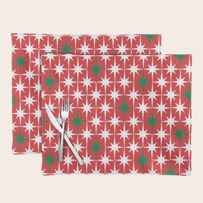 Atomic Age 1950s Retro Vintage Mid-Century Starbursts Pattern in Christmas Green Red White Placemat Gallery Image 1