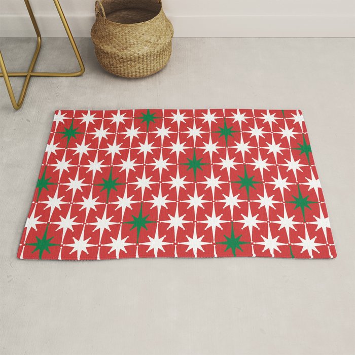 Atomic Age 1950s Retro Vintage Mid-Century Starbursts Pattern in Christmas Green Red White Rug Gallery Image 1